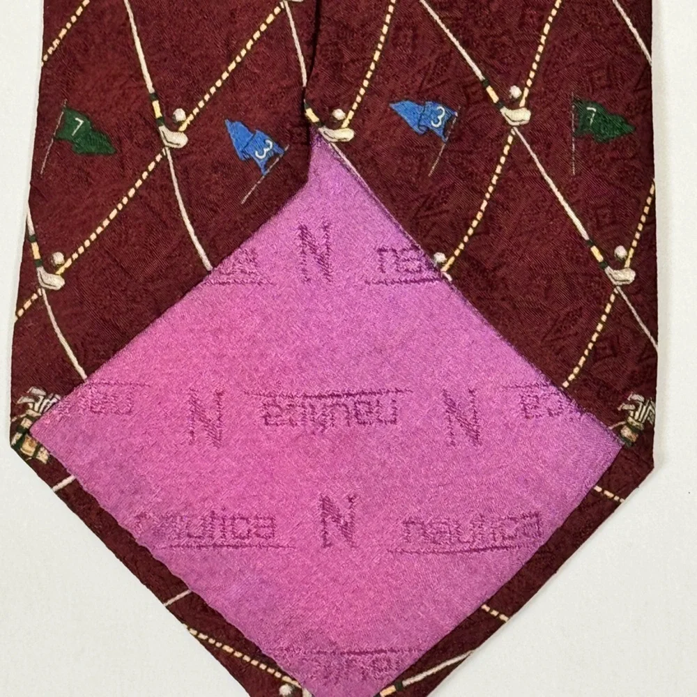Nautica Men’s Necktie 100% Silk Burgundy Tie with Golf Motif